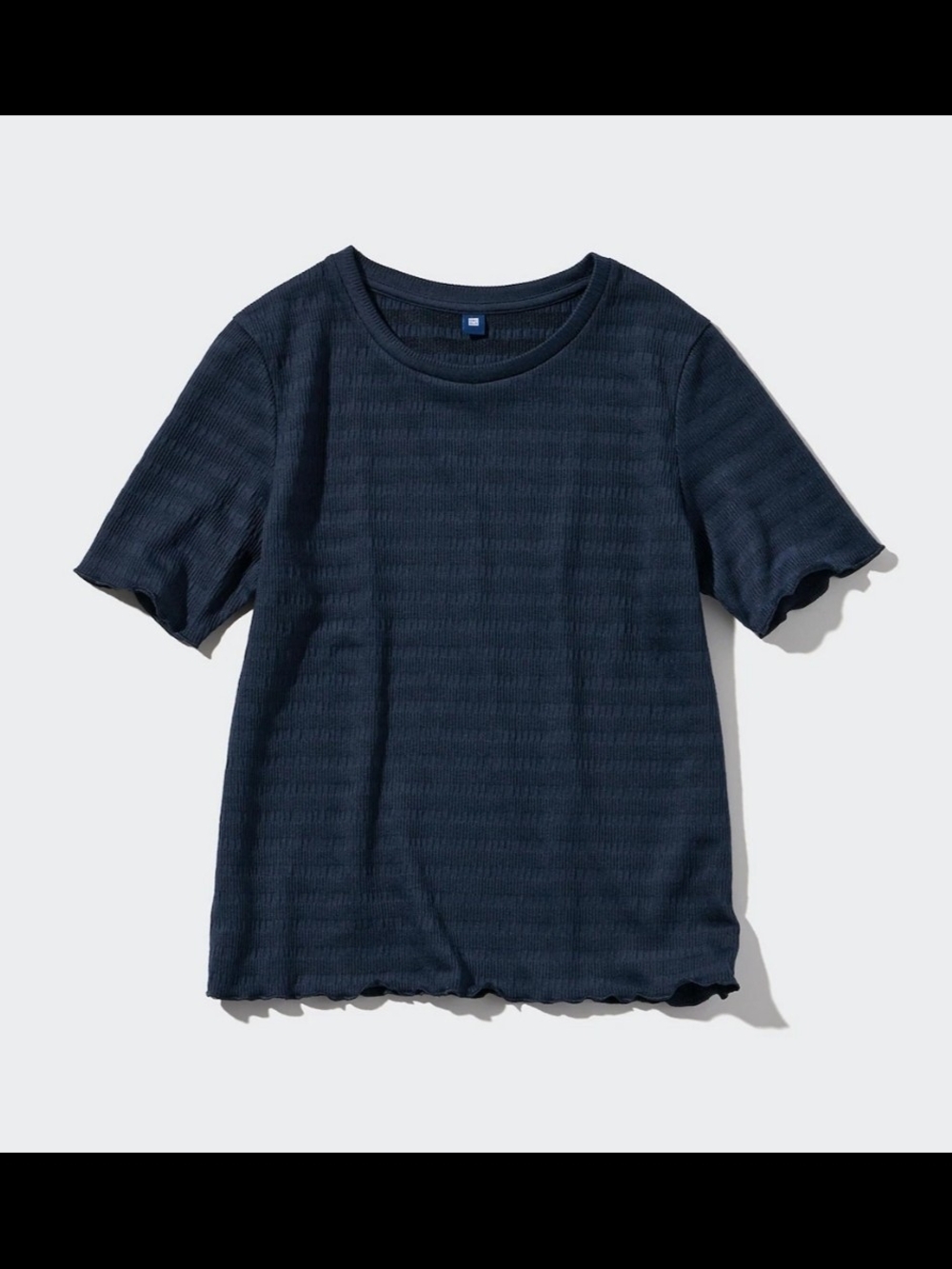 Uniqlo Navy Short-Sleeve Crewneck shirred Tee - Frilled Hem And Sleeve